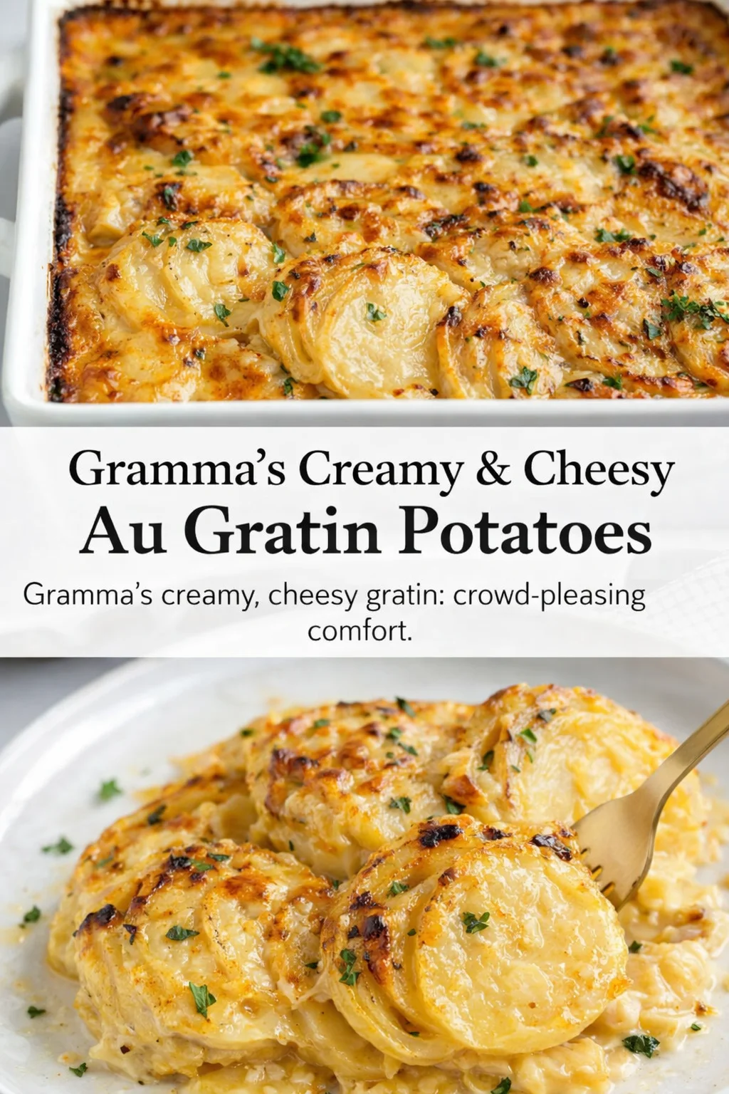 Pinterest-style image for Gramma's Creamy & Cheesy Au Gratin Potatoes with centered text overlay