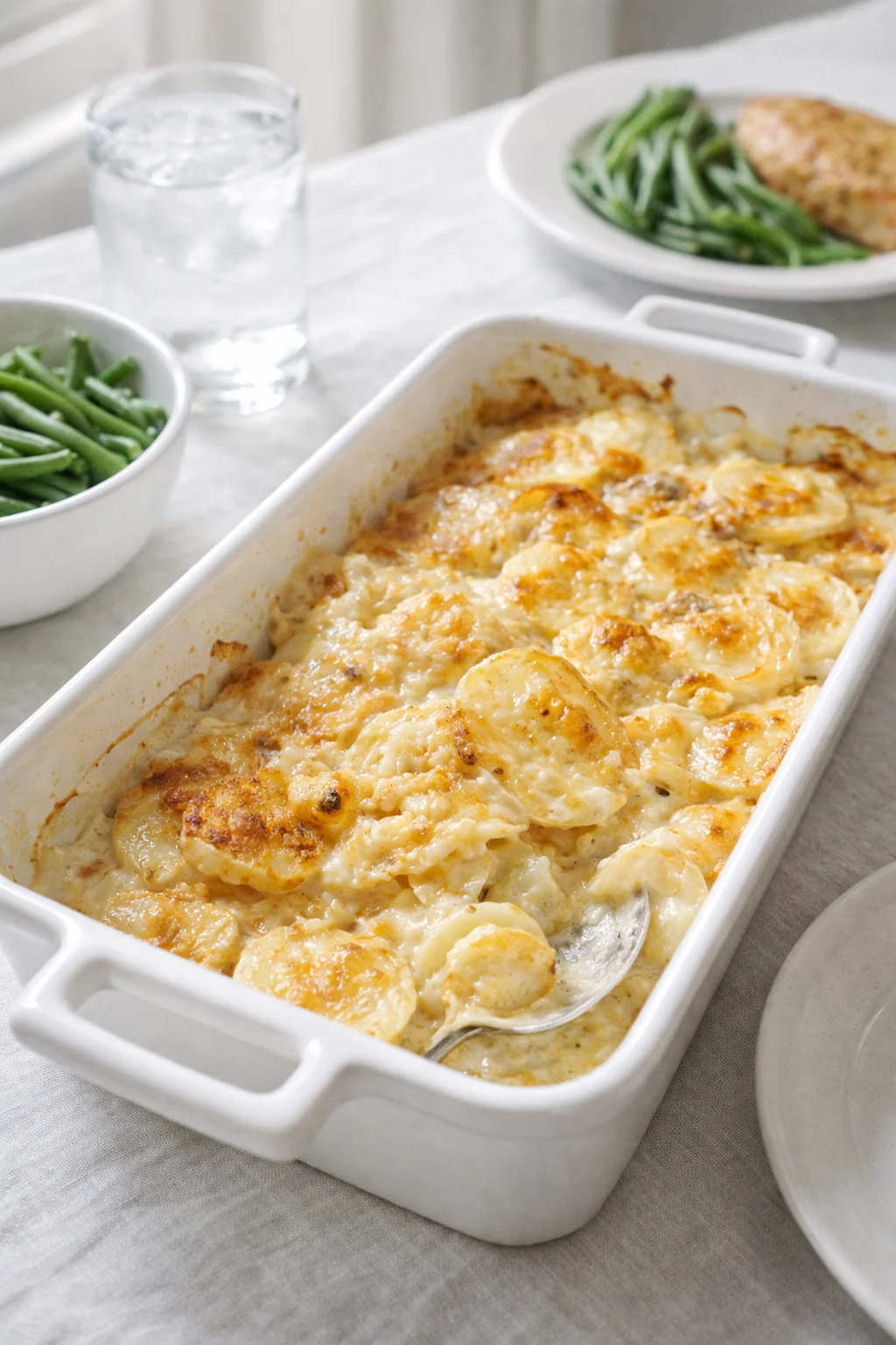 Alternative angle of Gramma's Creamy & Cheesy Au Gratin Potatoes served with a pairing