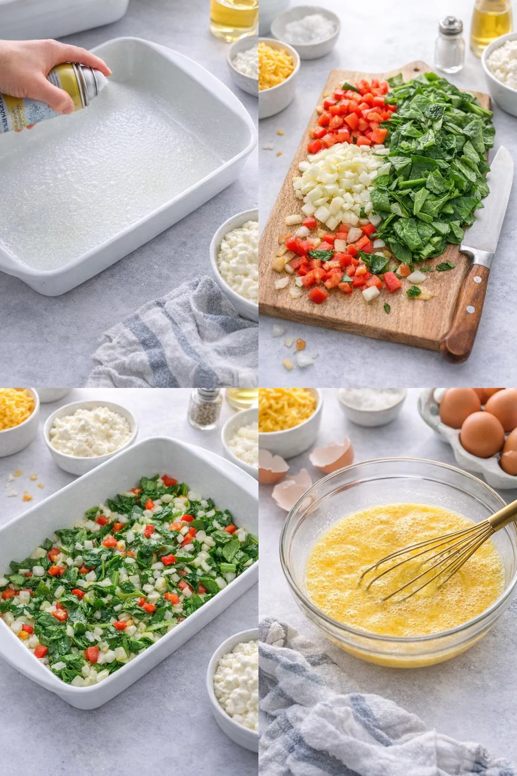 Prepared 9×13 pan with diced red pepper, yellow onion, chopped spinach spread; whisked eggs in bowl.