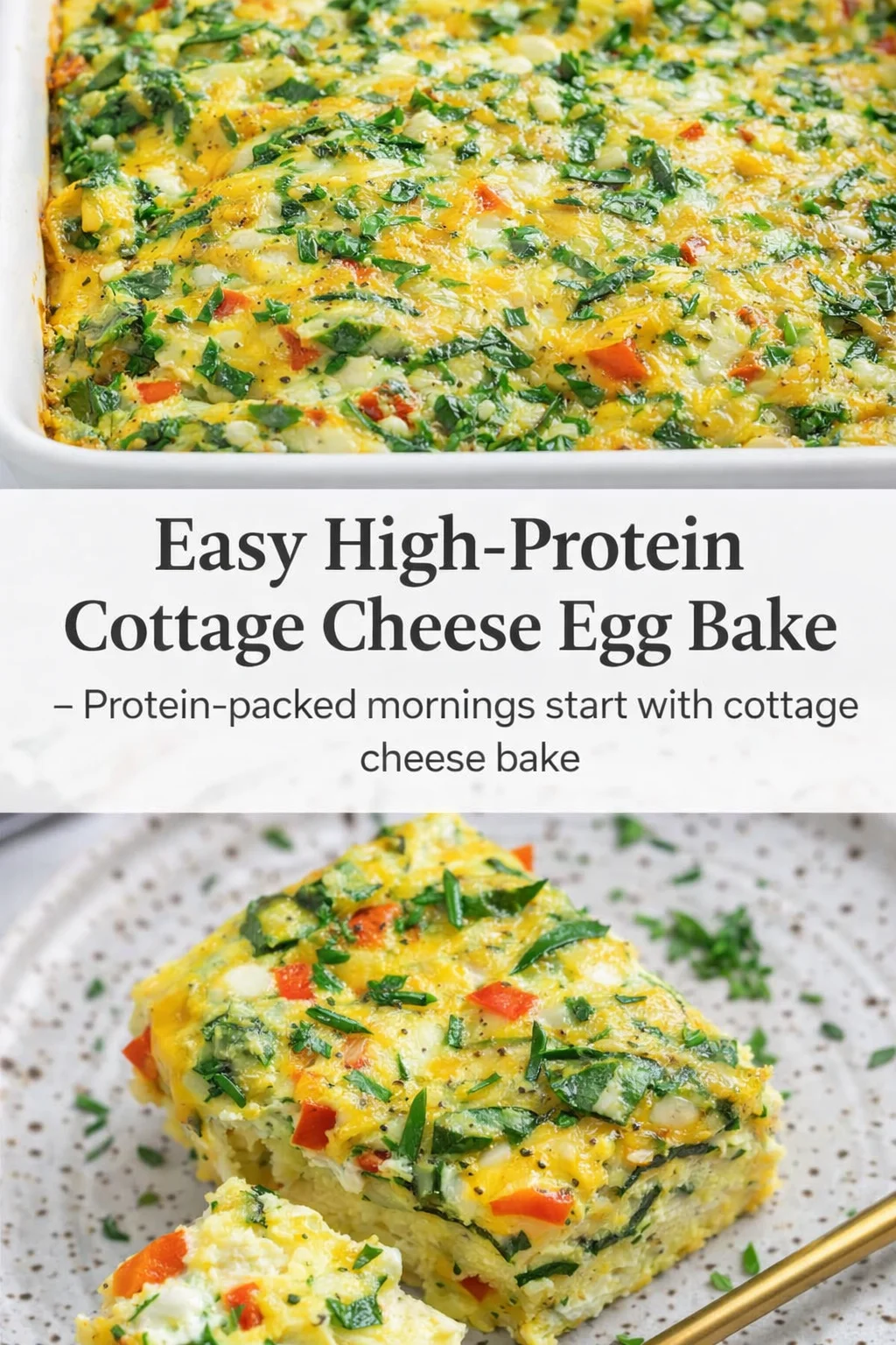 Pinterest-style image for Easy High-Protein Cottage Cheese Egg Bake with centered text overlay