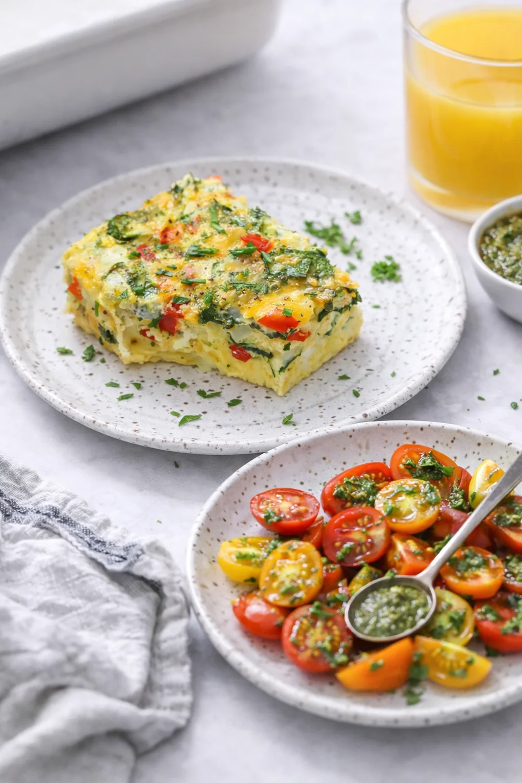 Alternative angle of Easy High-Protein Cottage Cheese Egg Bake served with a pairing