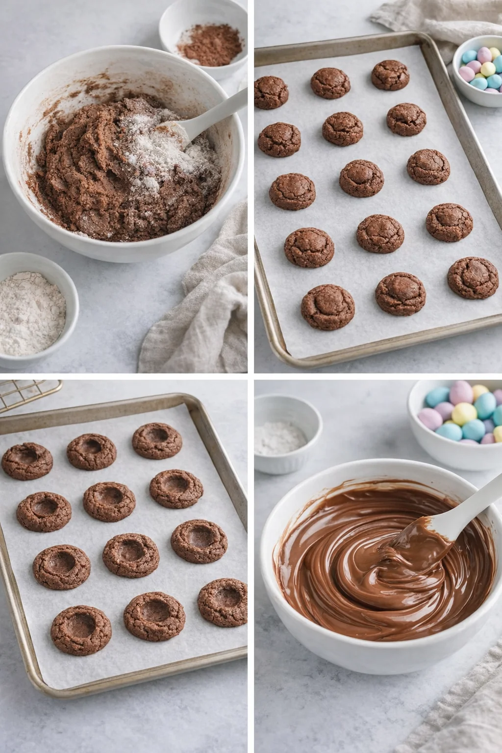 step-process-placeholder-5-8.png Scooped flattened dough rounds spaced on lined sheet, oven timer running, microwave bowl melting chocolate.