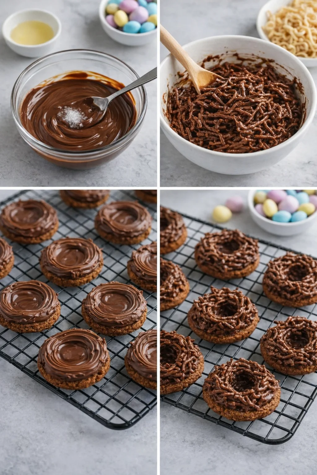 step-process-placeholder-9-12.png Glossy chocolate being stirred with coconut oil, poured onto chow mein noodles, spooning nests onto cooled cookies.
