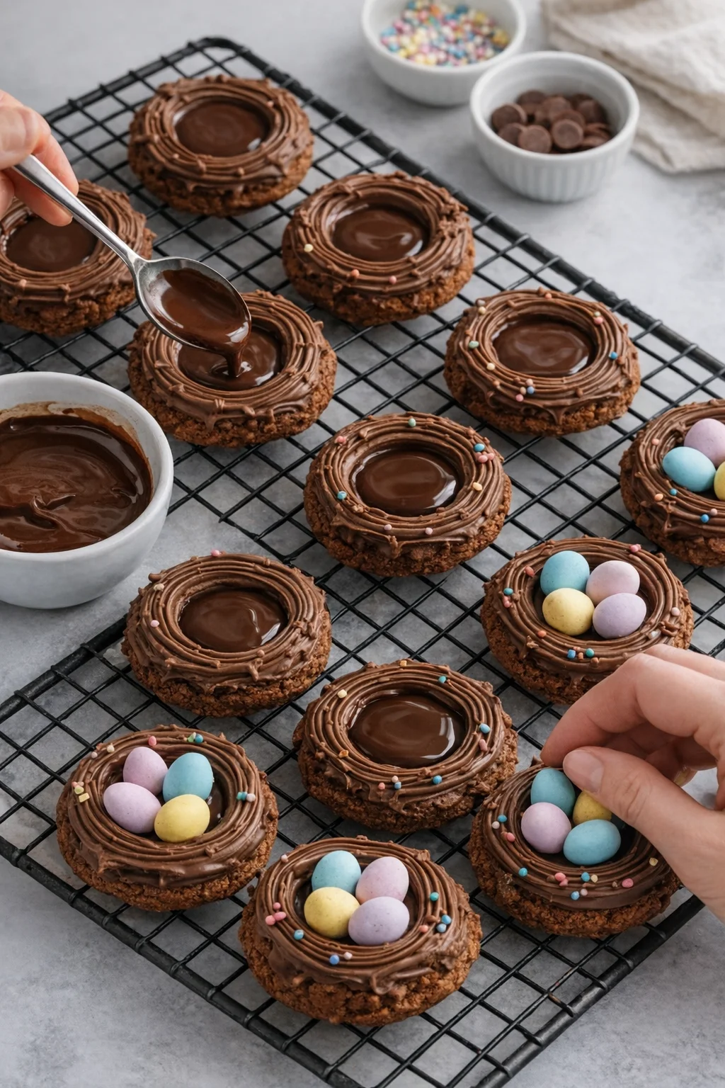 step-process-placeholder-13-16.png Extra melted chocolate piped into nest centers, cookies tapped flat, then chilled and decorated with pastel eggs.