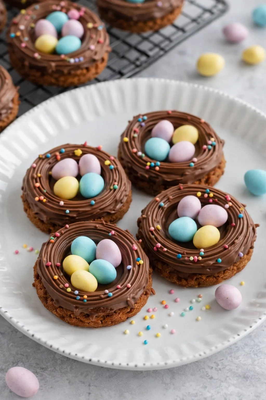 step-process-placeholder-17-17.png Colorful sprinkles scattered over cookie nests, adding bright confetti-like decoration around egg centers.