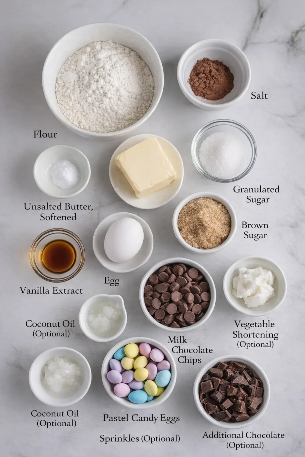 ingredients-placeholder.png Measured ingredients arranged for Easter Birds Nest Cookies Recipe: A Personal Take On A Fun Springtime Dessert: all-purpose flour, cocoa powder, a pinch of salt, unsalted butter, softened, granulated sugar, brown sugar