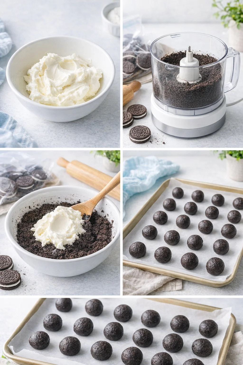 Bowl of Oreo crumbs and softened cream cheese being mixed into a smooth dough, parchment prepared.
