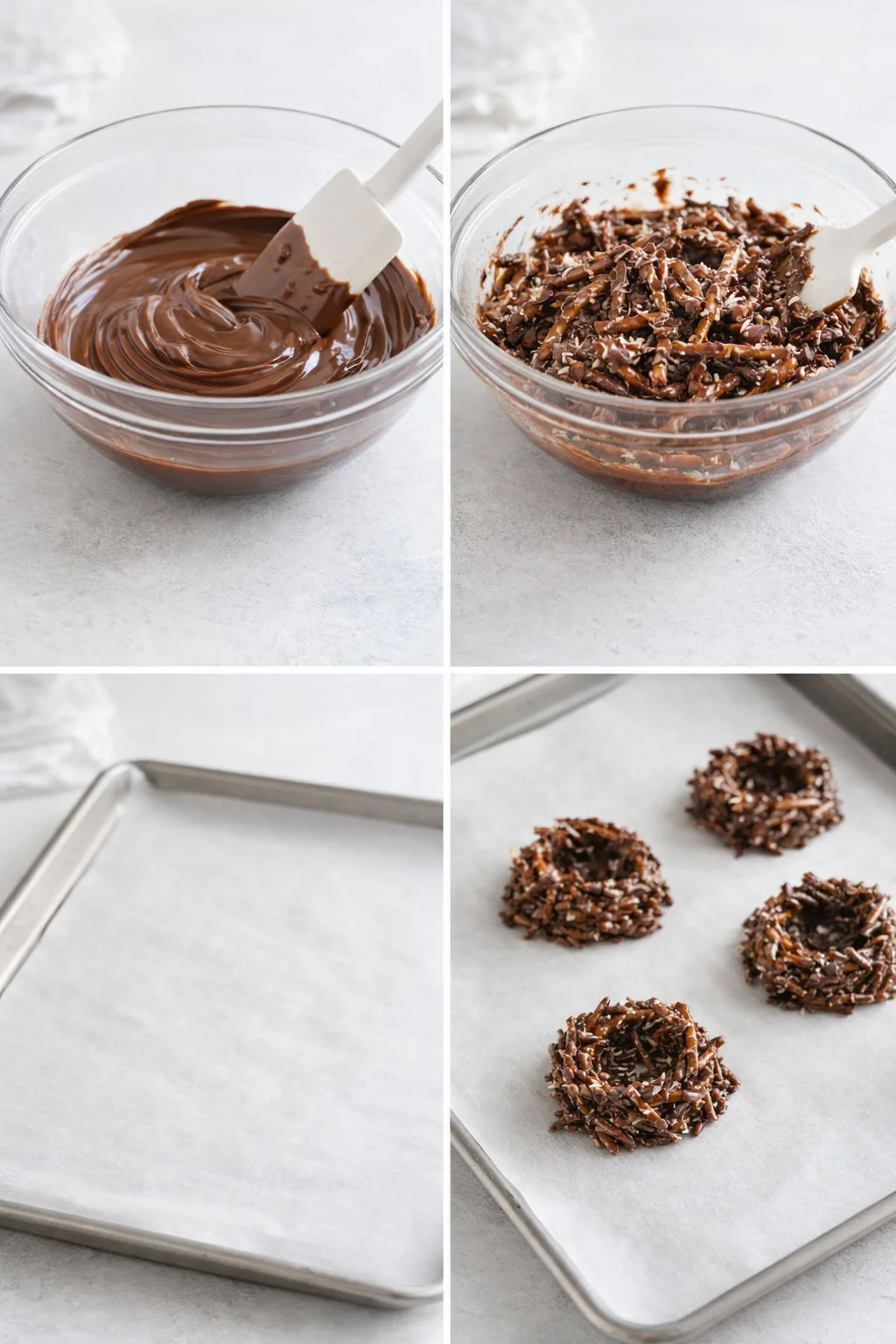 step-process-placeholder-1-4.png Hands stirring melted chocolate while coated pretzels are arranged into small nests on parchment paper.