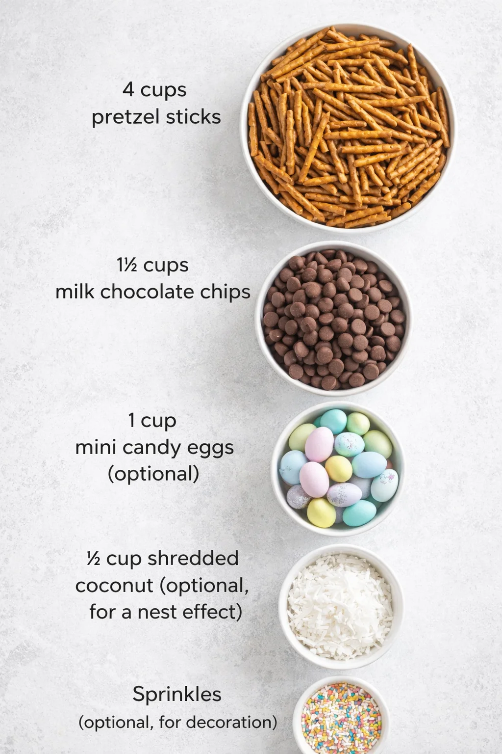 ingredients-placeholder.png Measured ingredients arranged for Chocolate-Covered Pretzel Nests: 4 cups pretzel sticks, 1 ½ cups milk chocolate chips (or dark/white chocolate), 1 cup mini candy eggs (optional), ½ cup shredded coconut (optional, for a