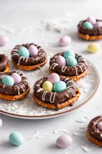 Final plated Chocolate-Covered Pretzel Nests served as a hero shot