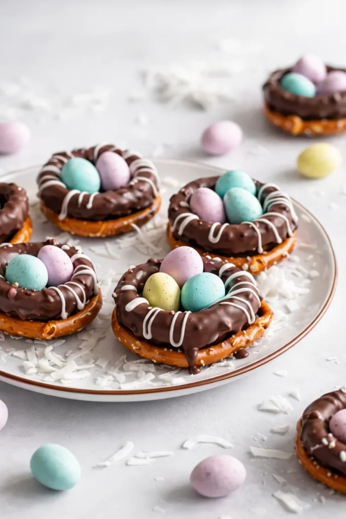 Final plated Chocolate-Covered Pretzel Nests served as a hero shot
