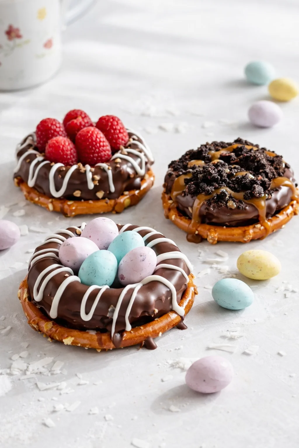 variations-placeholder.png Variation ideas for Chocolate-Covered Pretzel Nests shown in a styled layout