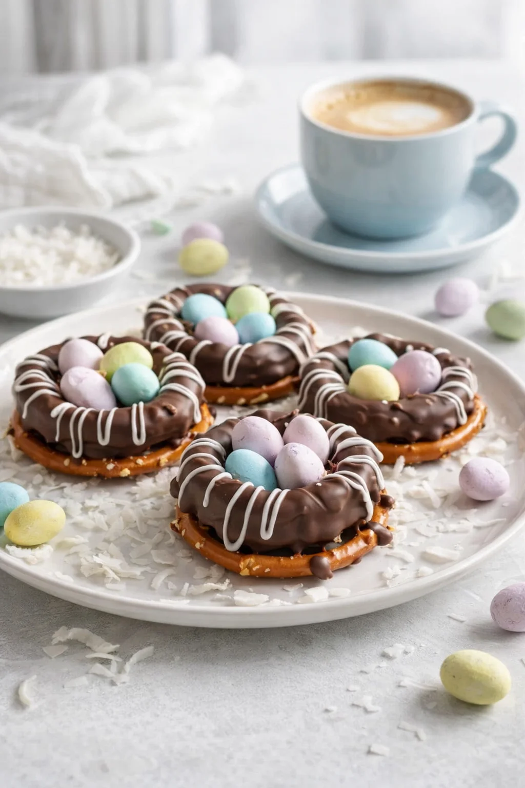 closing_final_dish-placeholder.png Alternative angle of Chocolate-Covered Pretzel Nests served with a pairing