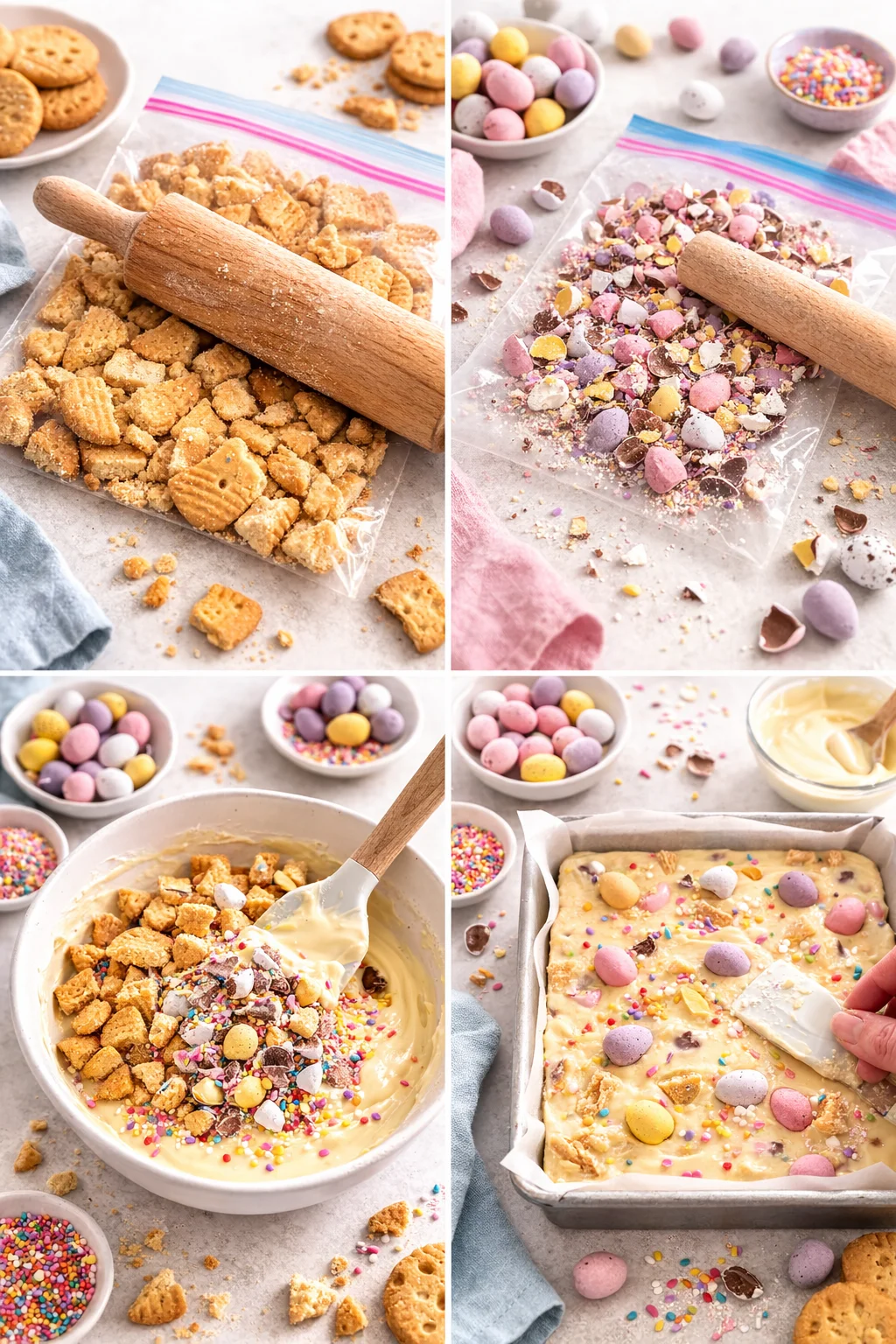 Chunky biscuit pieces and roughly chopped mini eggs folded into white chocolate, pressed into pan.