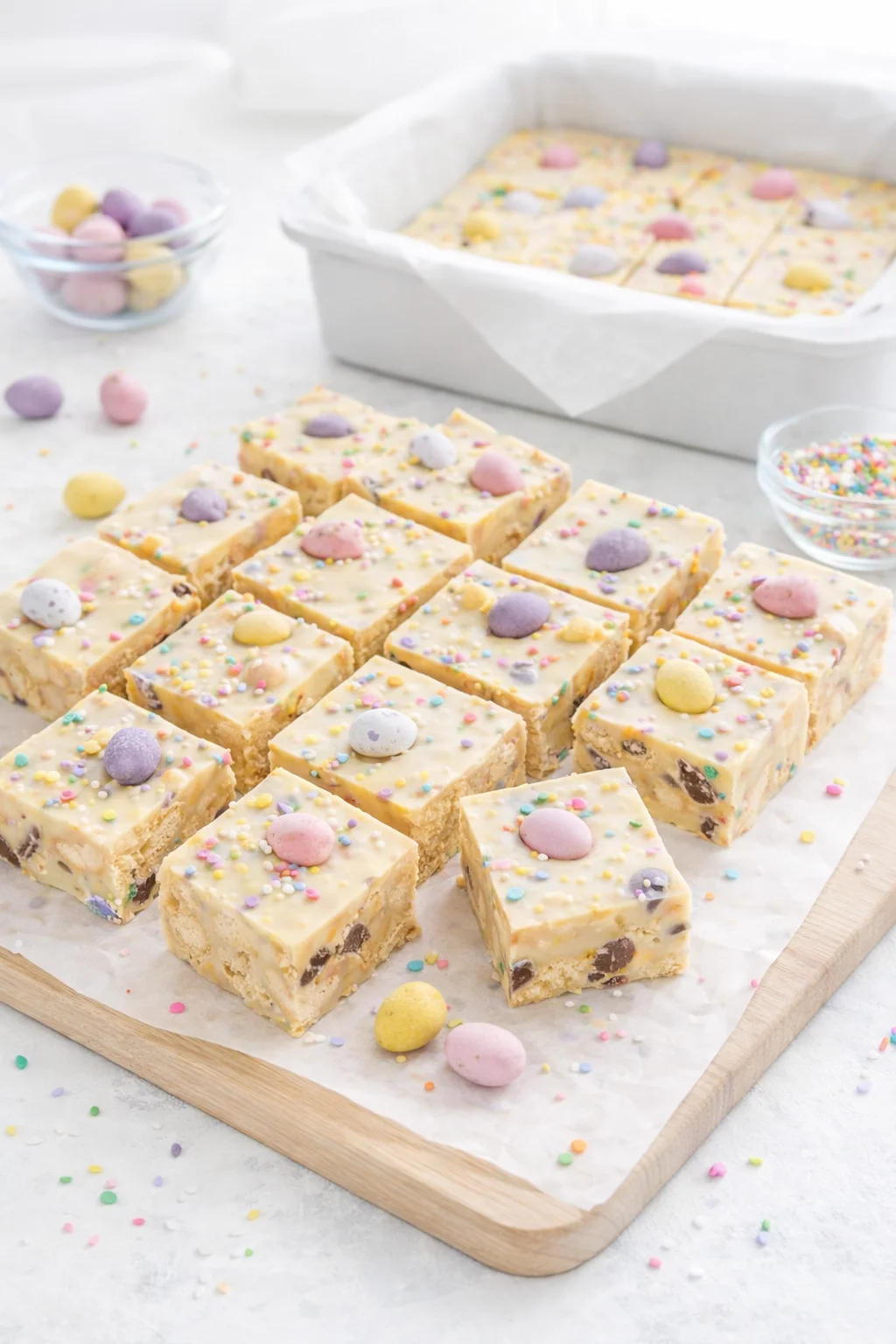 Fudge slab lifted from pan on parchment, being sliced into neat square pieces.