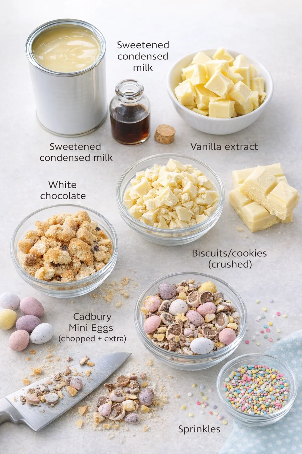 Measured ingredients arranged for Mini Egg Fudge Slice: Sweetened condensed milk – 1 whole can, Butter – salted or unsalted, Vanilla extract (or almond, orange, or peppermint extract), White chocolate – a good-quality bl