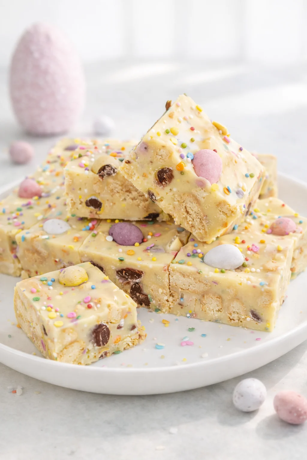 Final plated Mini Egg Fudge Slice served as a hero shot
