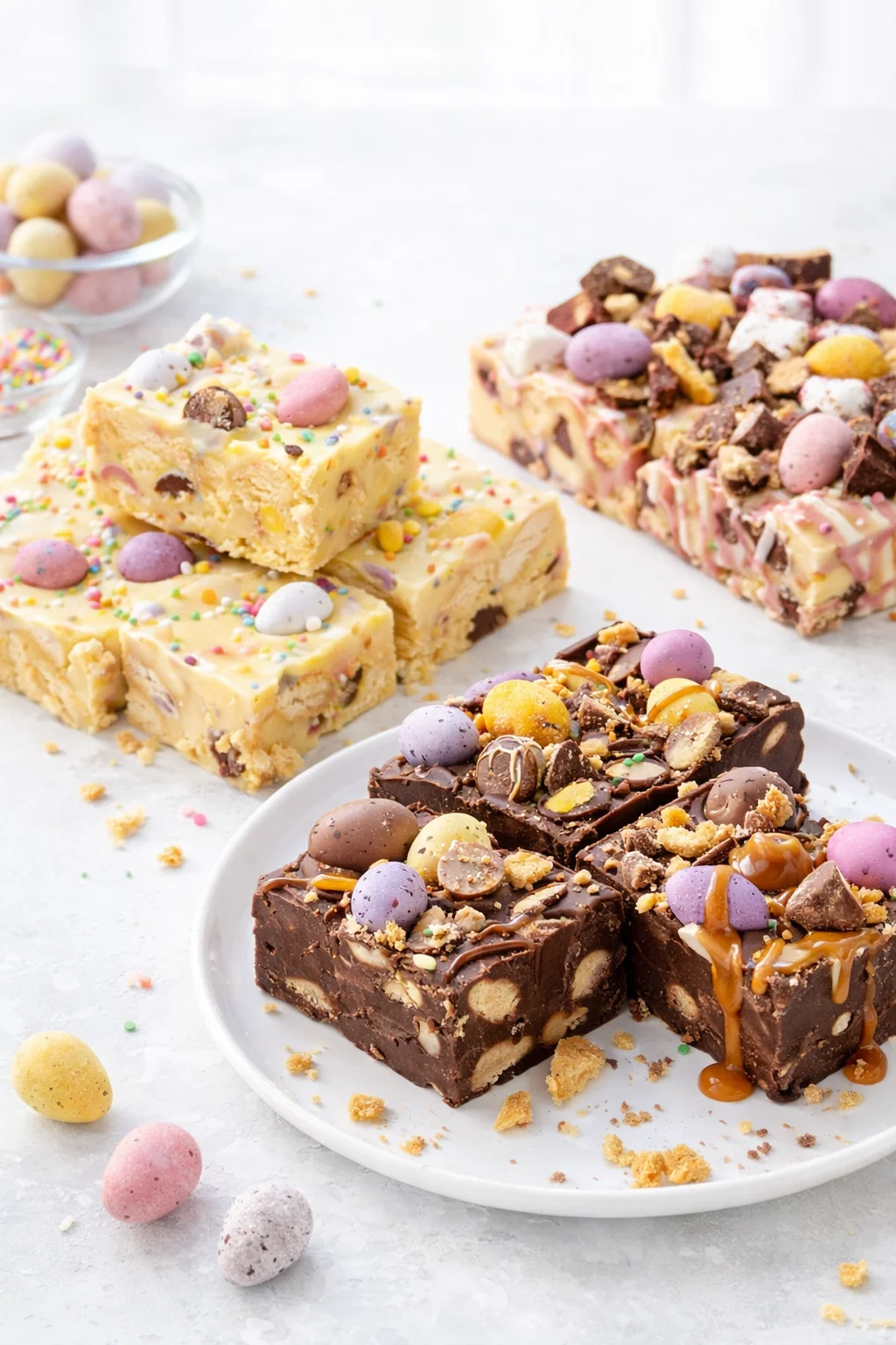 Variation ideas for Mini Egg Fudge Slice shown in a styled layout
