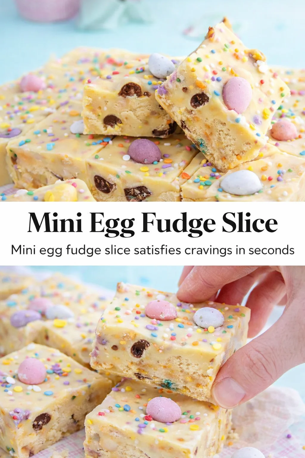 Pinterest-style image for Mini Egg Fudge Slice with centered text overlay