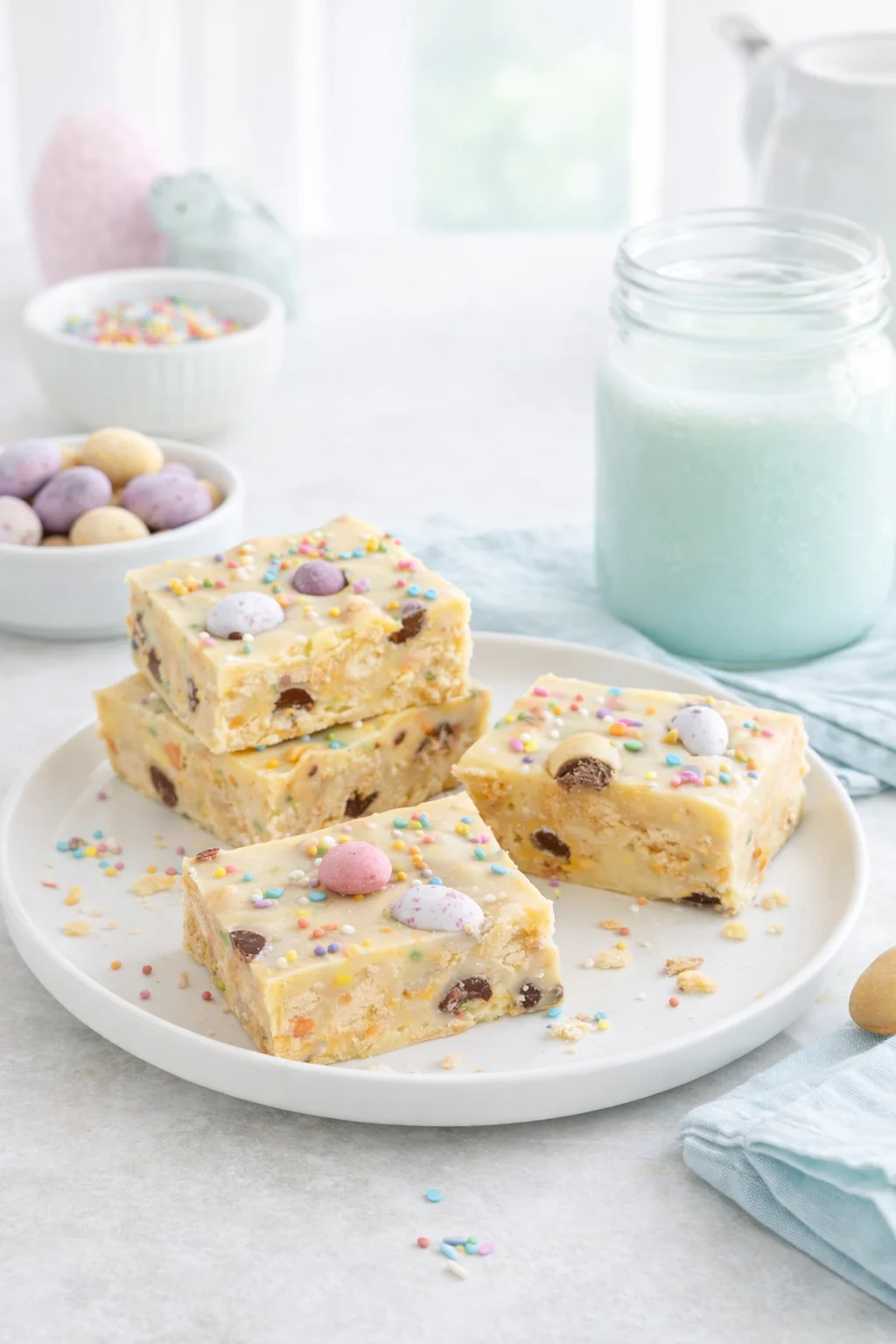 Alternative angle of Mini Egg Fudge Slice served with a pairing