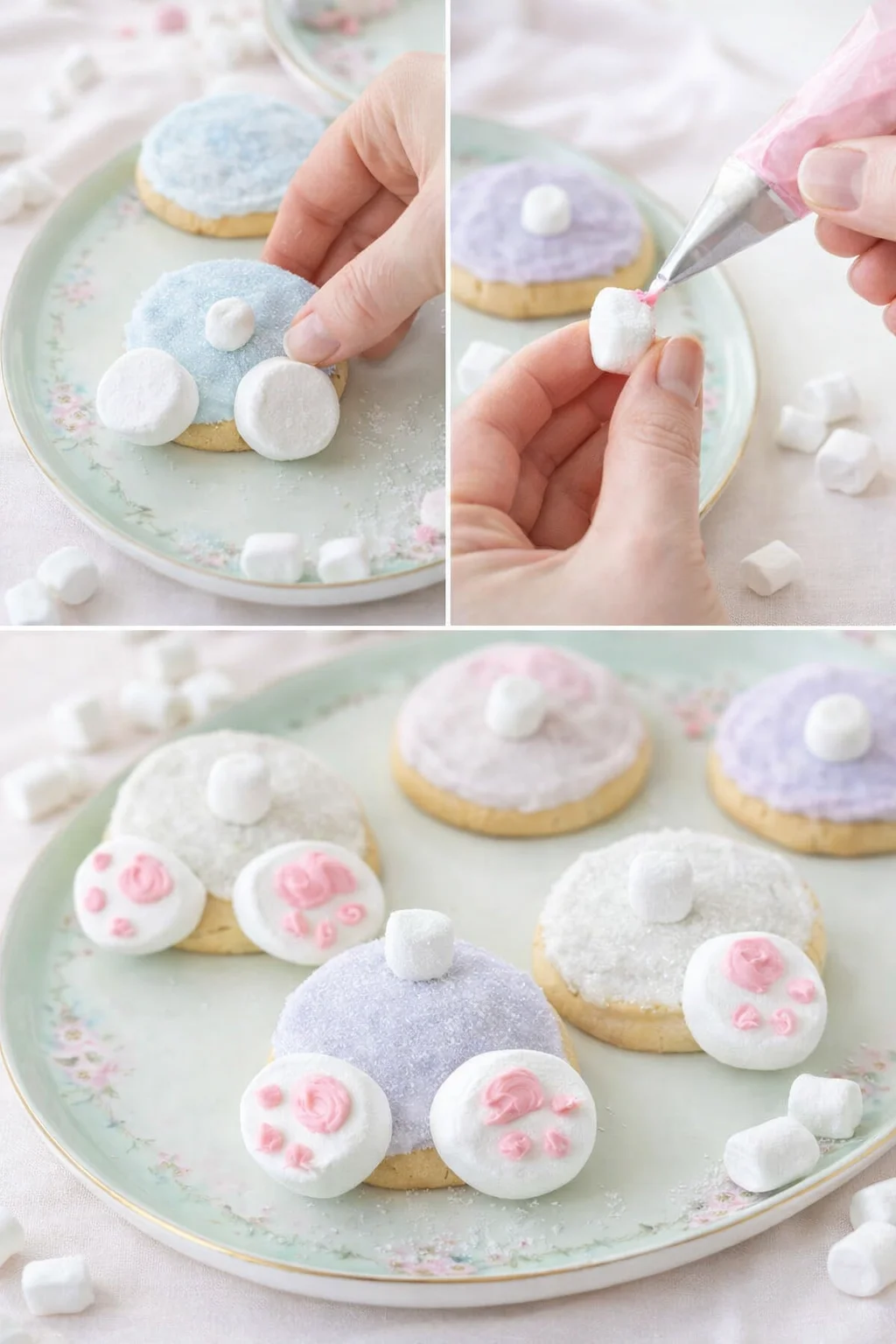 Frosted cookies with marshmallow half feet attached and mini marshmallow tails secured with pink frosting.