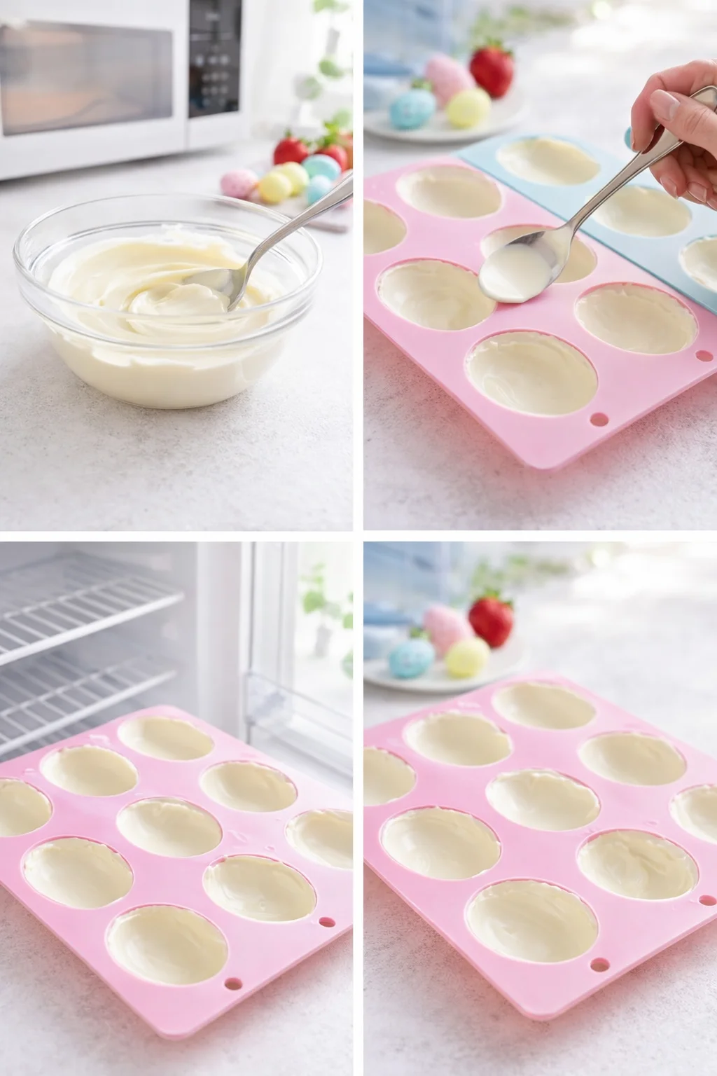 Spoon melted white chocolate into silicone egg cavities, spreading to form smooth shells, then chilling to set.