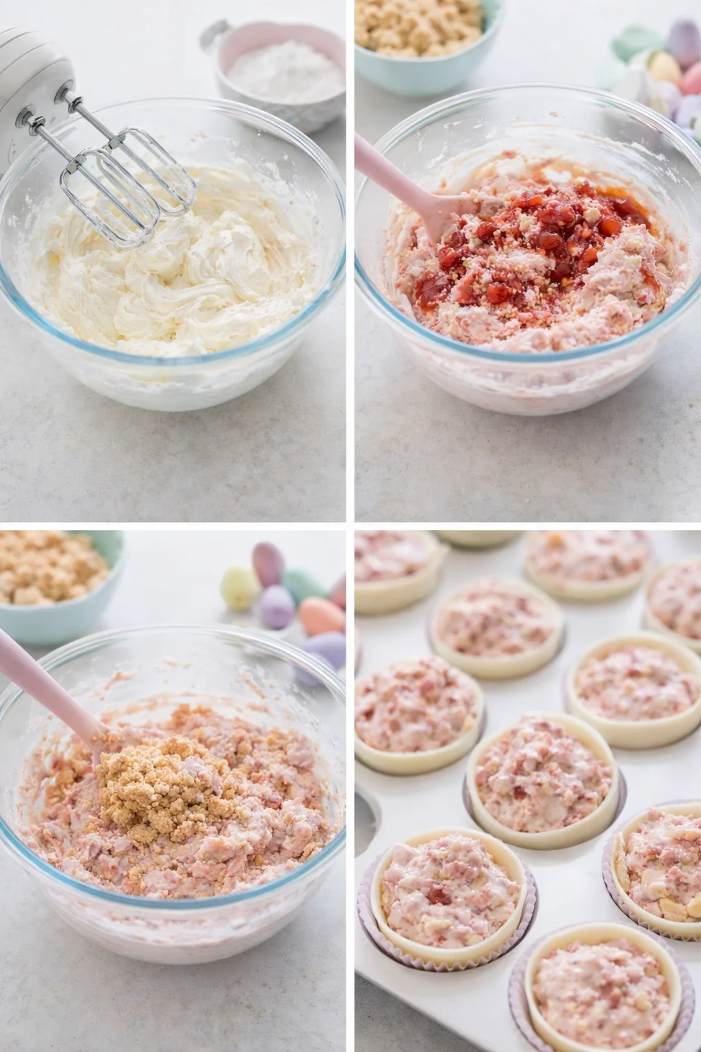 Beating cream cheese, heavy cream, and powdered sugar until fluffy, folding in strawberries and jam, then spooning filling into chocolate halves.