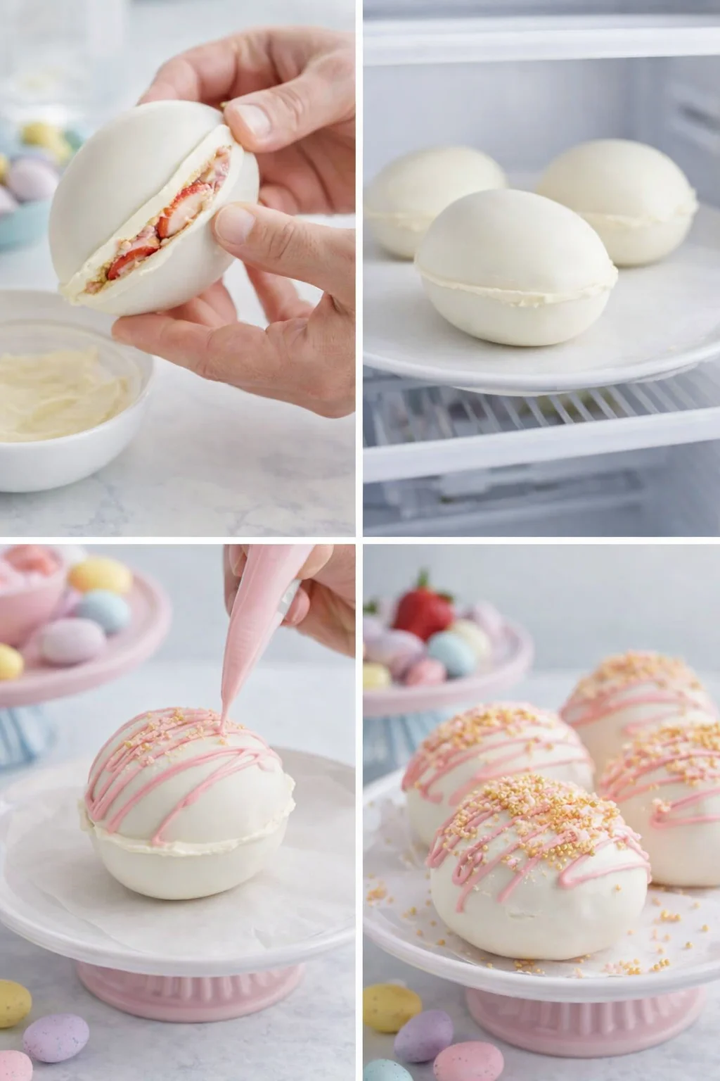 Brushing melted white chocolate on shell edges, sealing halves, chilling, drizzling pink chocolate, then sprinkling shortcake crumbs and edible gold.