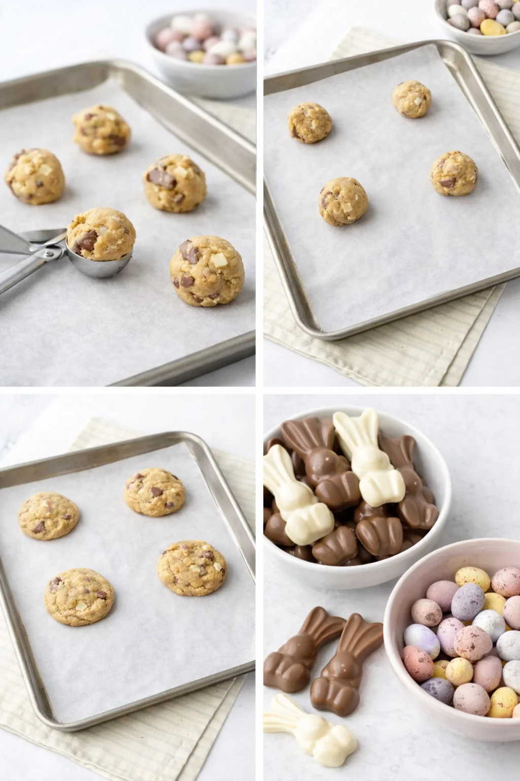 step-process-placeholder-9-12.png Heaped tablespoon cookie dough balls placed spaced on lined tray, with unwrapped Mini Eggs and bunnies nearby.
