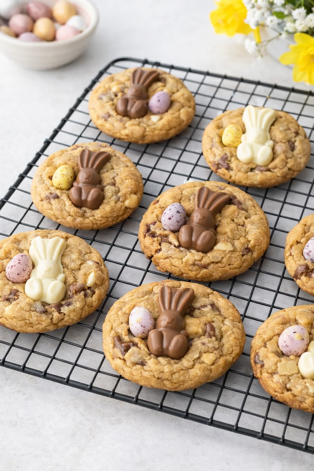 step-process-placeholder-13-14.png Warm cookies on tray with a Mini Malteser Bunny and Mini Egg pressed into each.