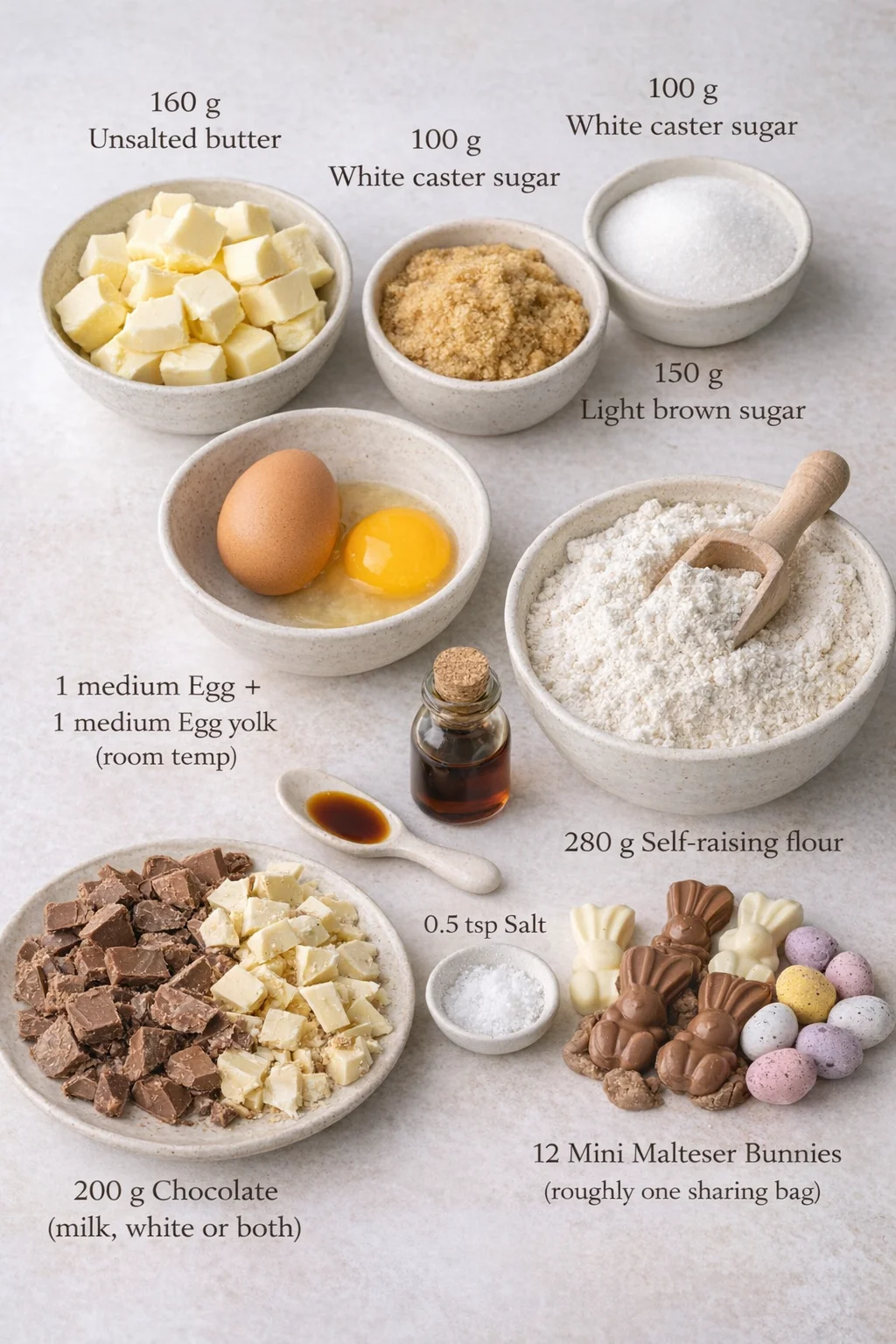 ingredients-placeholder.png Measured ingredients arranged for Easter Chocolate Cookies: 160 g Unsalted butter, 100 g White caster sugar, 150 g Light brown sugar, 1 medium Egg at room temperature, 1 medium Egg yolk at room temperature, 1 tsp Vanilla
