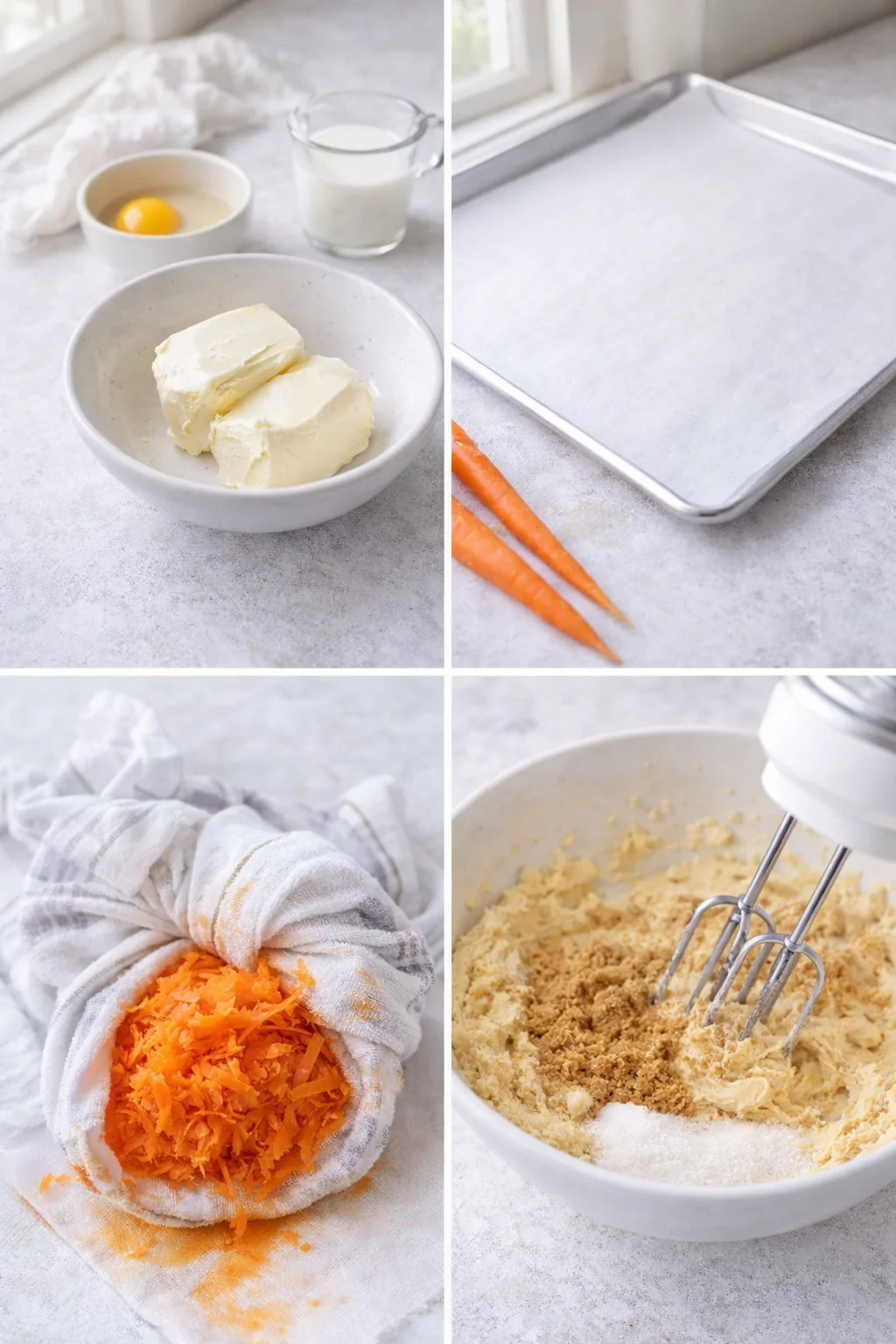 Softened butter and cream cheese in a bowl beside room-temperature egg yolk, cream, shredded carrots, lined baking sheet.