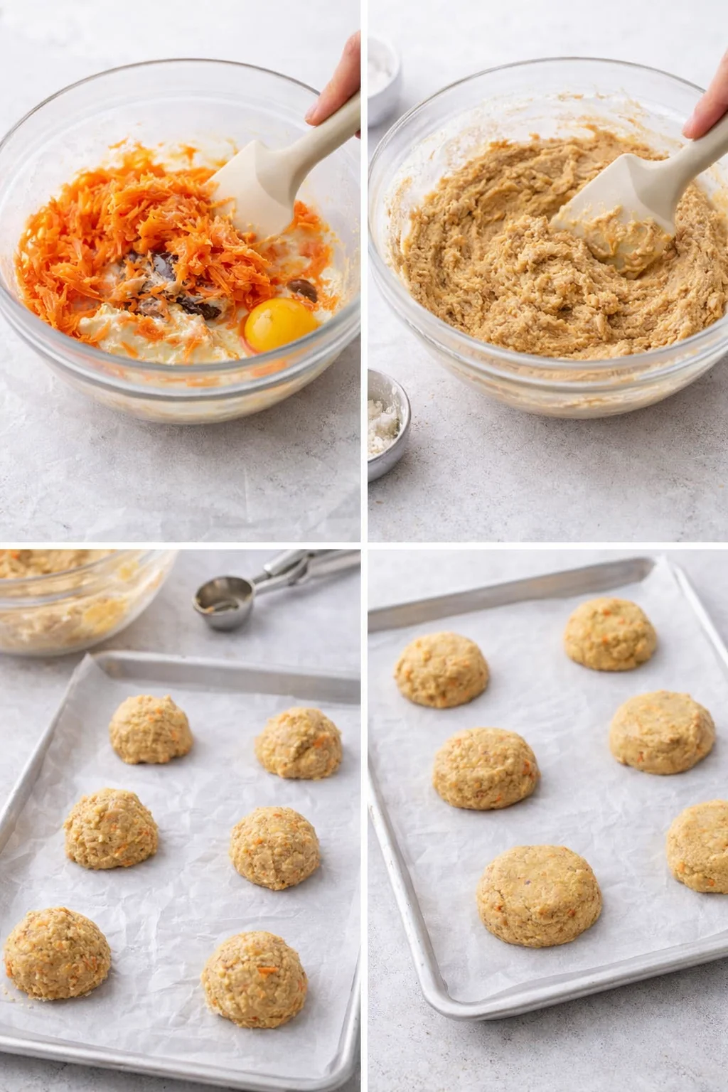 Thick carrot-spice dough in mixing bowl, with scoops formed into eight flattened balls on a lined sheet.