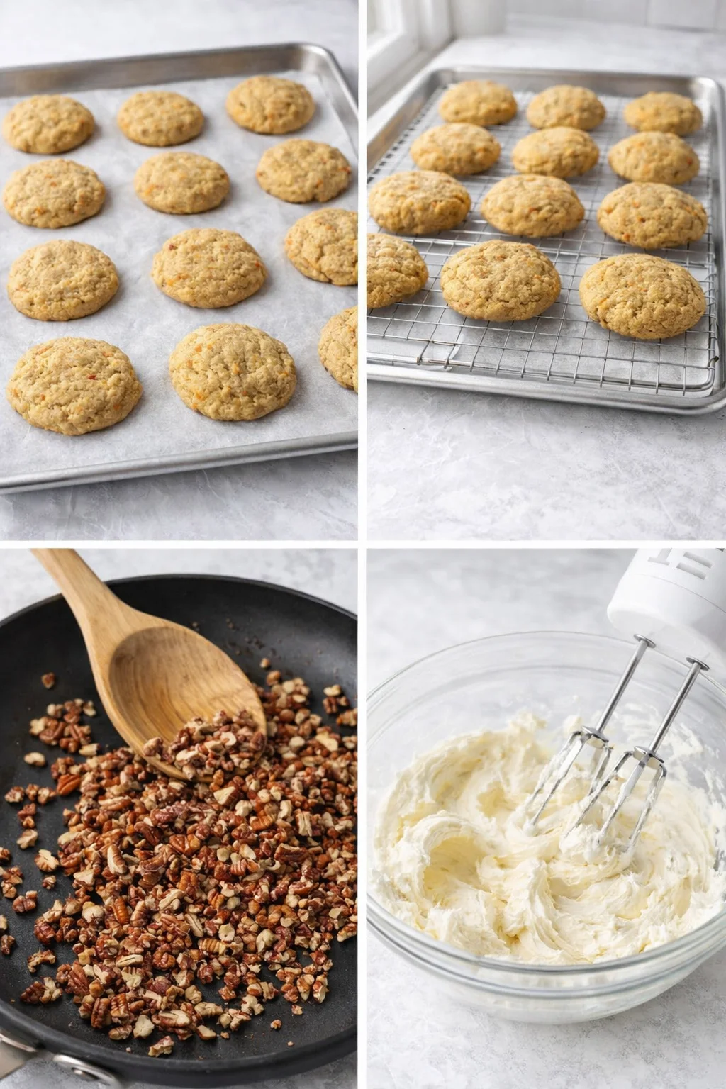 Golden-browned cookies cooling on baking sheet beside toasted pecans and a bowl of whipped cream-cheese butter frosting.