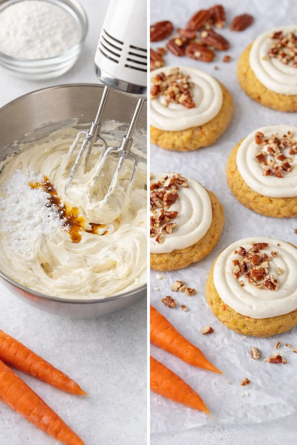 Light, fluffy cream cheese frosting being piped onto cooled cookies, then sprinkled with chopped pecans.