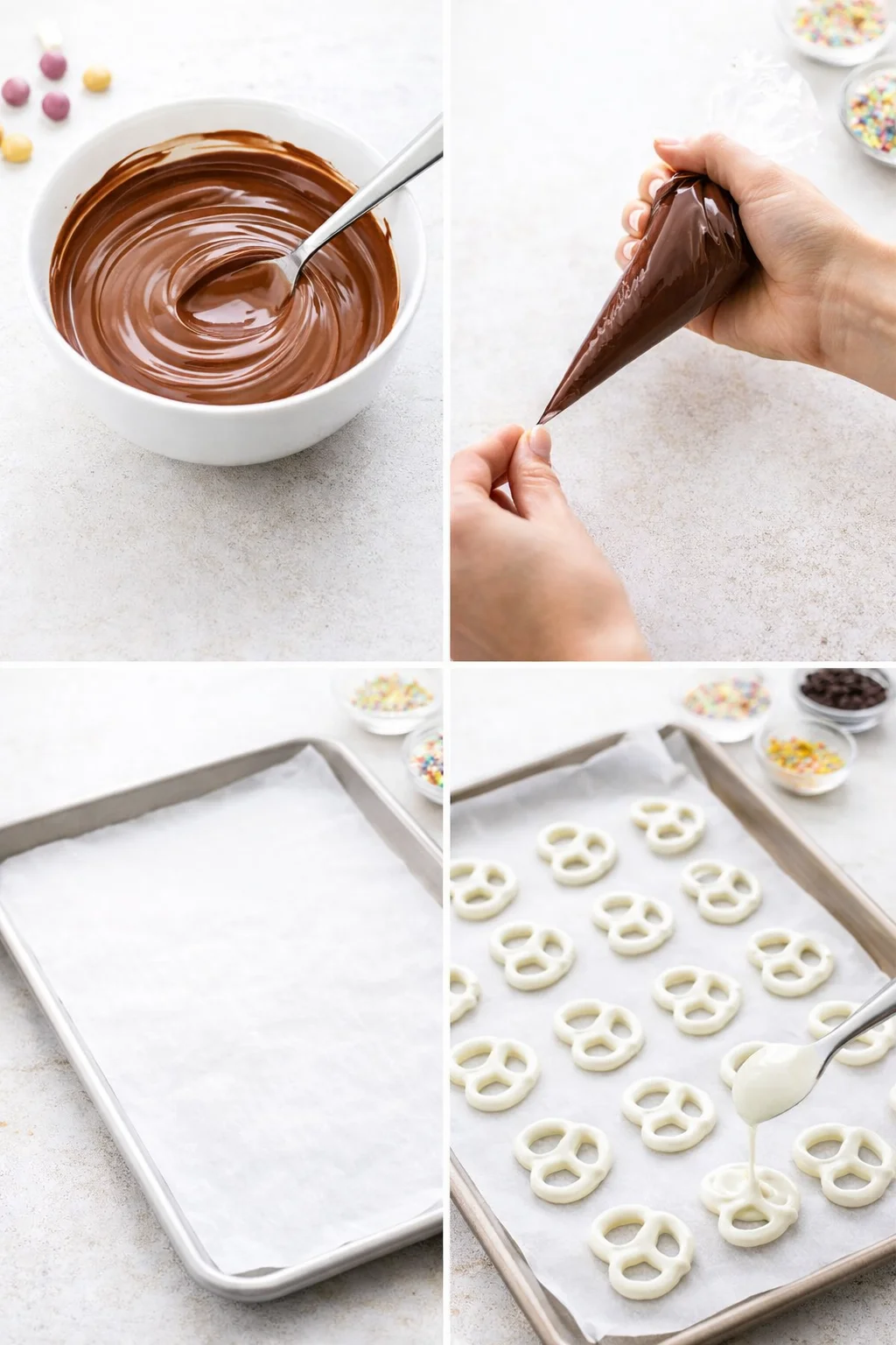 Hands stirring silky melted chocolate in a small bowl; dipped mini pretzels resting on parchment-lined tray.