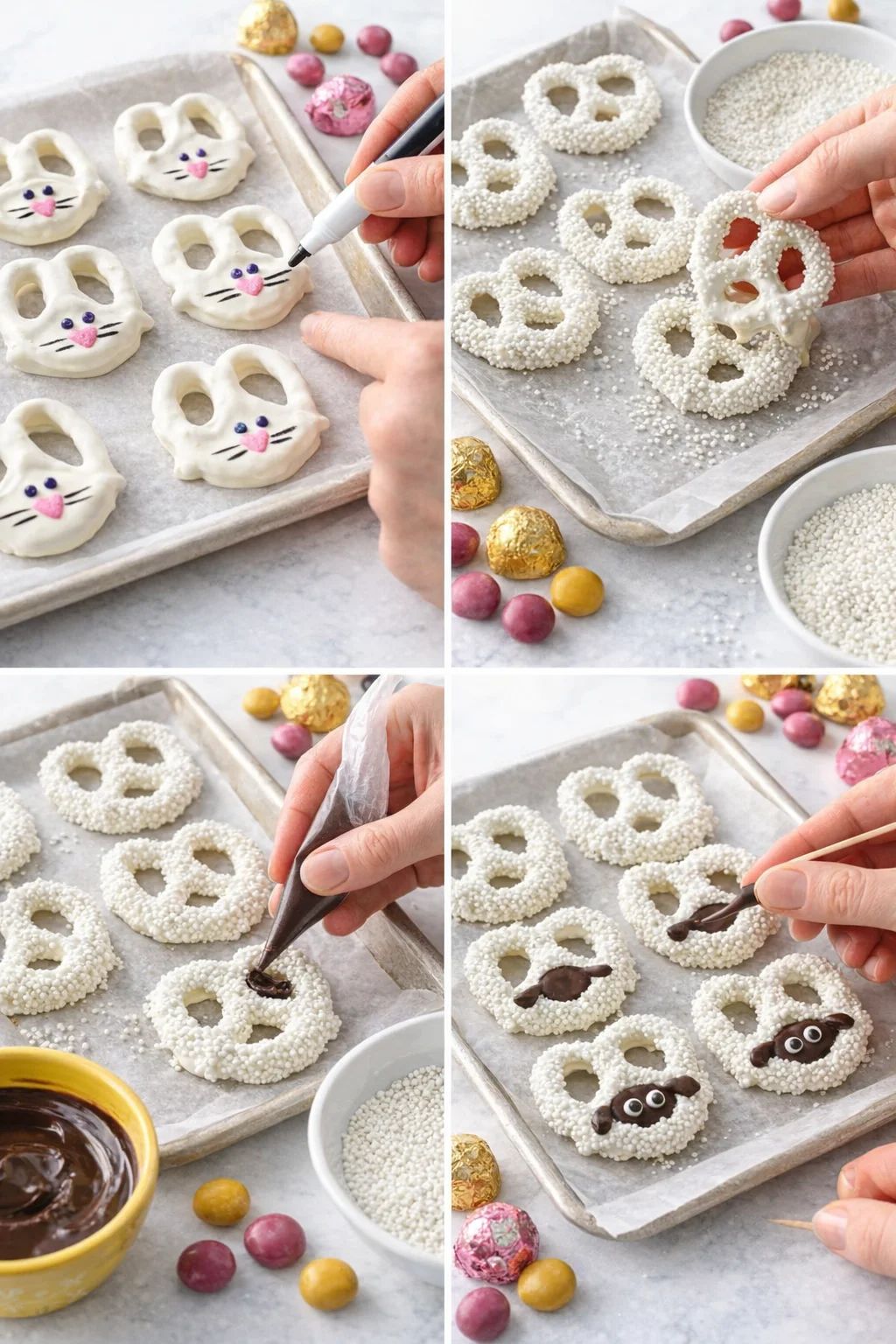 Pretzels dipped and coated with white nonpareils, dark chocolate piped faces and candy eyes being added.