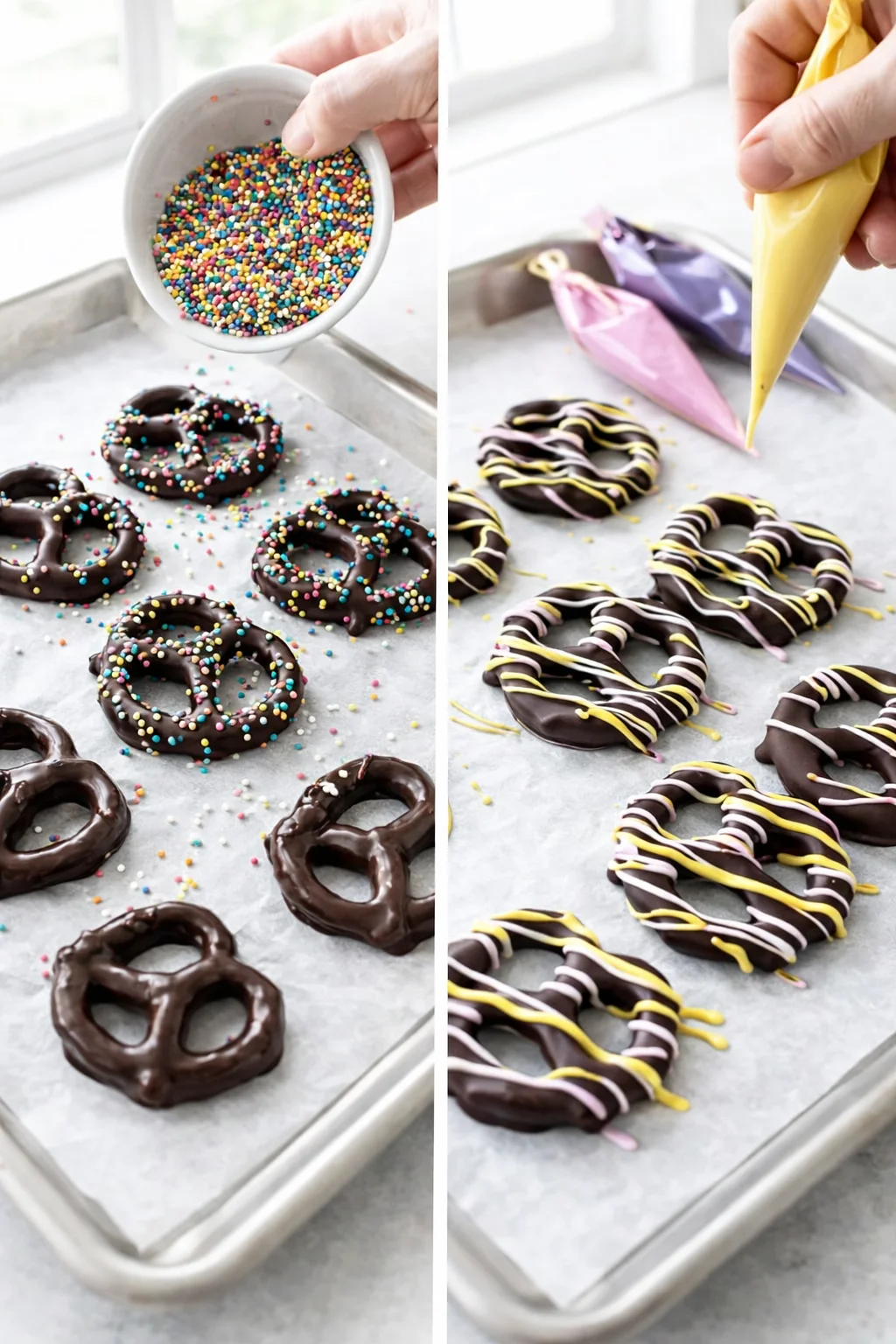 Dark or milk chocolate-coated pretzels covered in sprinkles; separate batch chilled then drizzled with colored chocolate.
