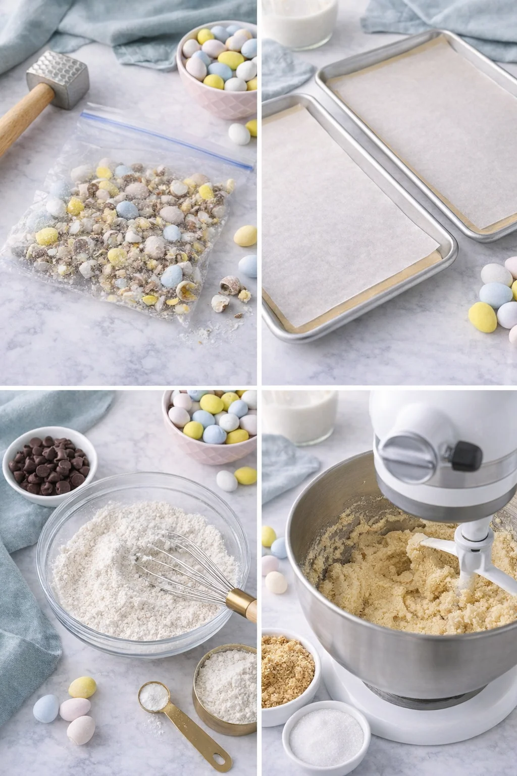 Crushed Cadbury eggs in a bag, prepped lined sheet, dry-ingredient bowl, and creamed butter-sugar.
