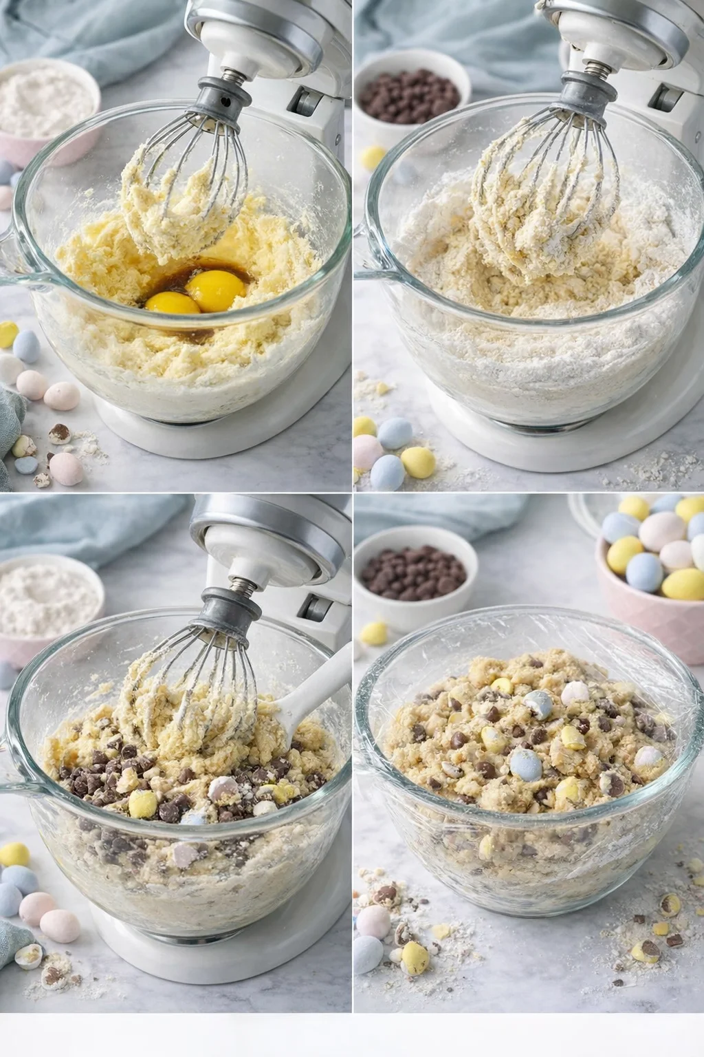Mixer bowl with eggs and vanilla combined, then dough folded with chocolate chips and crushed Cadbury eggs.