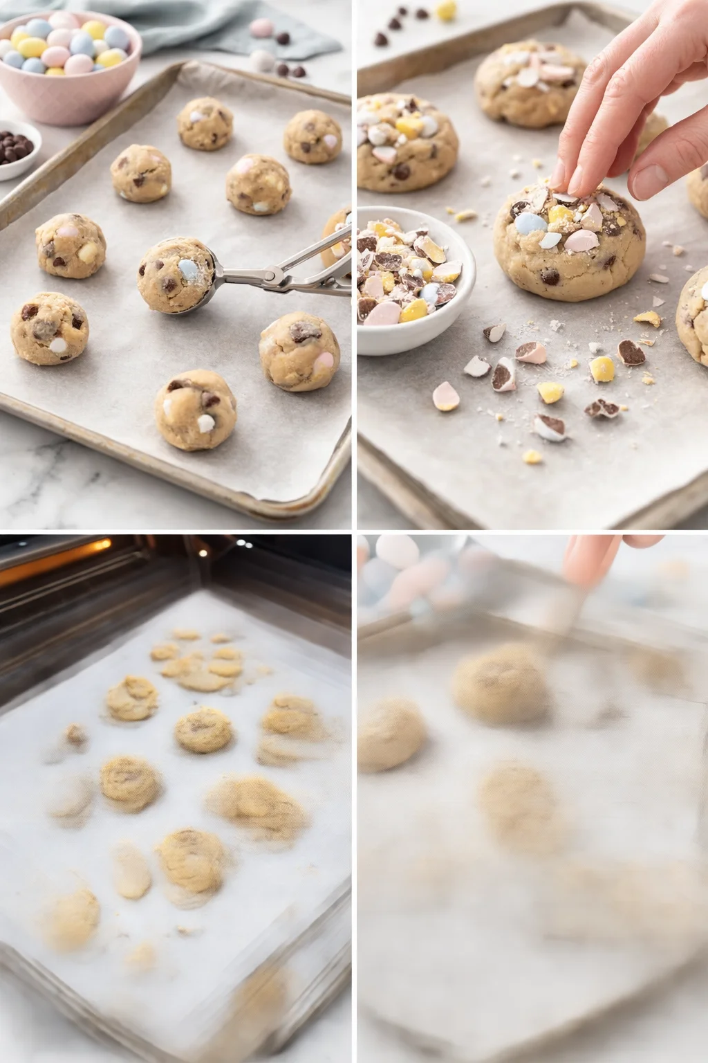 Unbaked dough scoops spaced on sheet with pressed Cadbury egg pieces, then golden baked cookies.