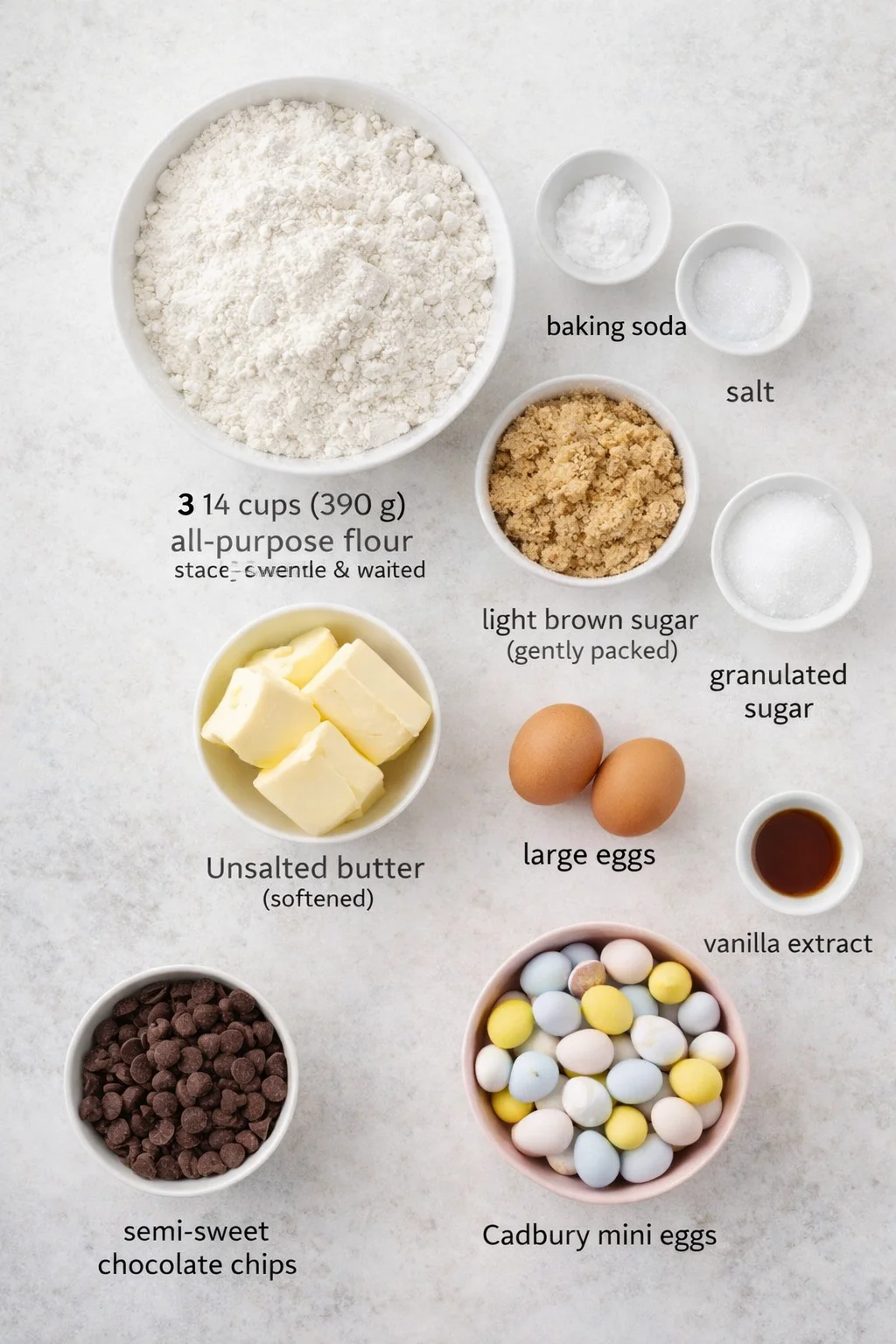 Measured ingredients arranged for Cadbury Egg Cookies: 3 ¼ cups (390 g) all-purpose flour, stirred, spooned & leveled, 1 teaspoon salt, 1 teaspoon baking soda, 1 cup (226 g) unsalted butter, softened (2 sticks), room tem