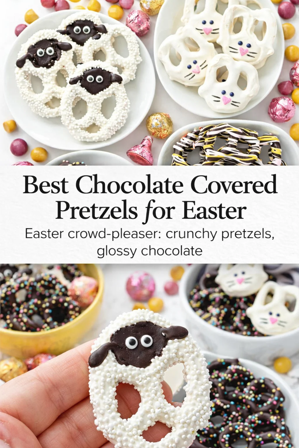Pinterest-style image for Best Chocolate Covered Pretzels for Easter with centered text overlay
