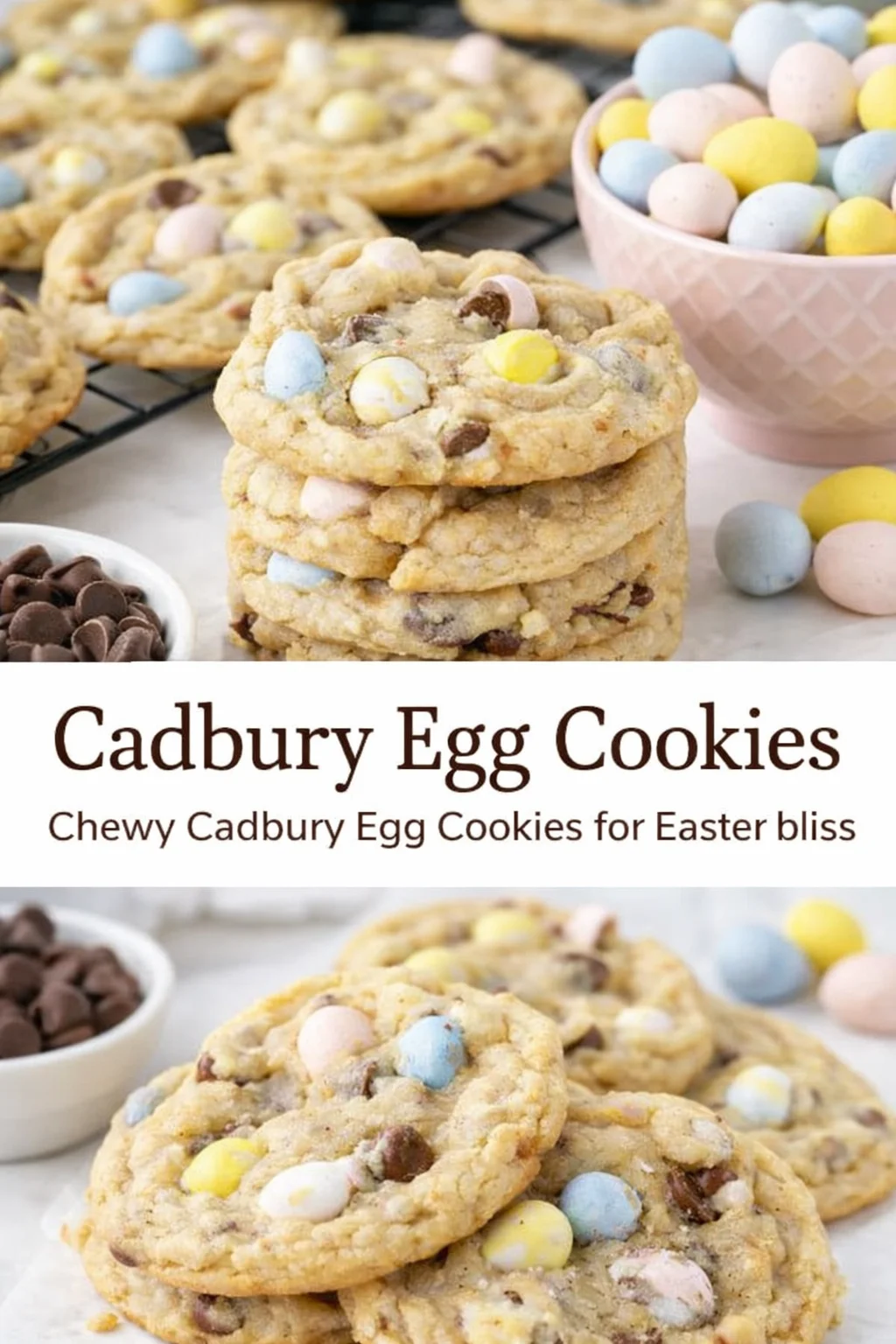 Pinterest-style image for Cadbury Egg Cookies with centered text overlay