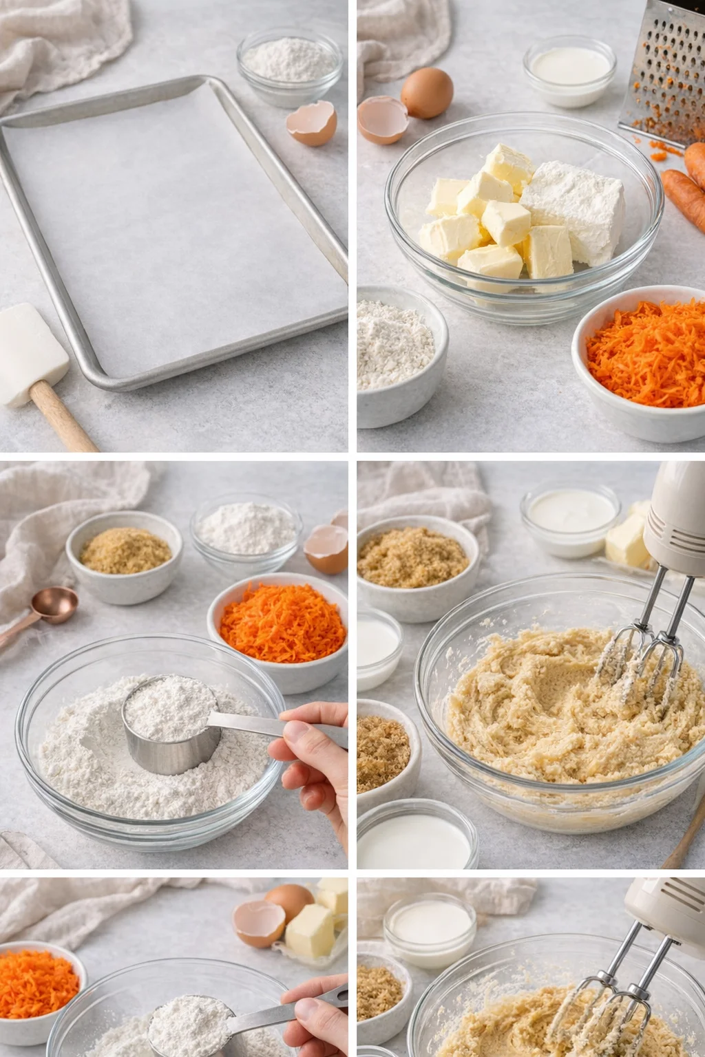 Mixing bowl with creamed butter and sugars, shredded carrots and measured flour nearby.