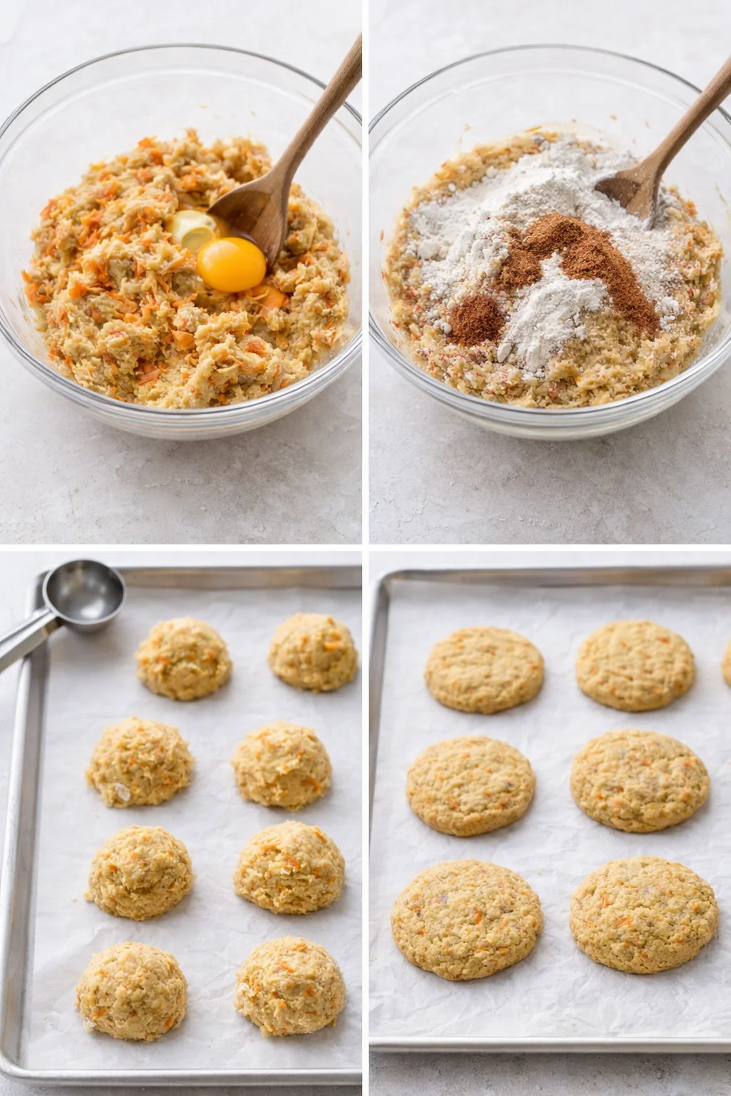 Eight equal cookie dough balls on parchment, gently flattened and ready for oven.