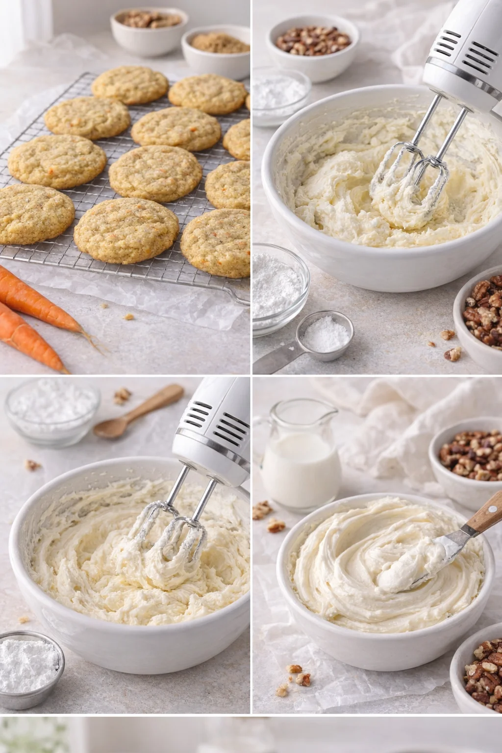 Electric mixer whipping cream cheese frosting until light, fluffy, and spreadable.