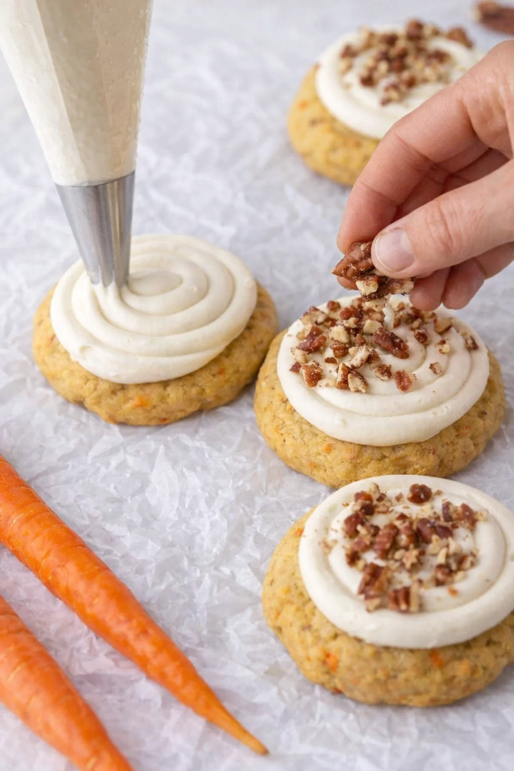 Piping round frosting onto cooled cookie, then pressing chopped pecans into frosting.