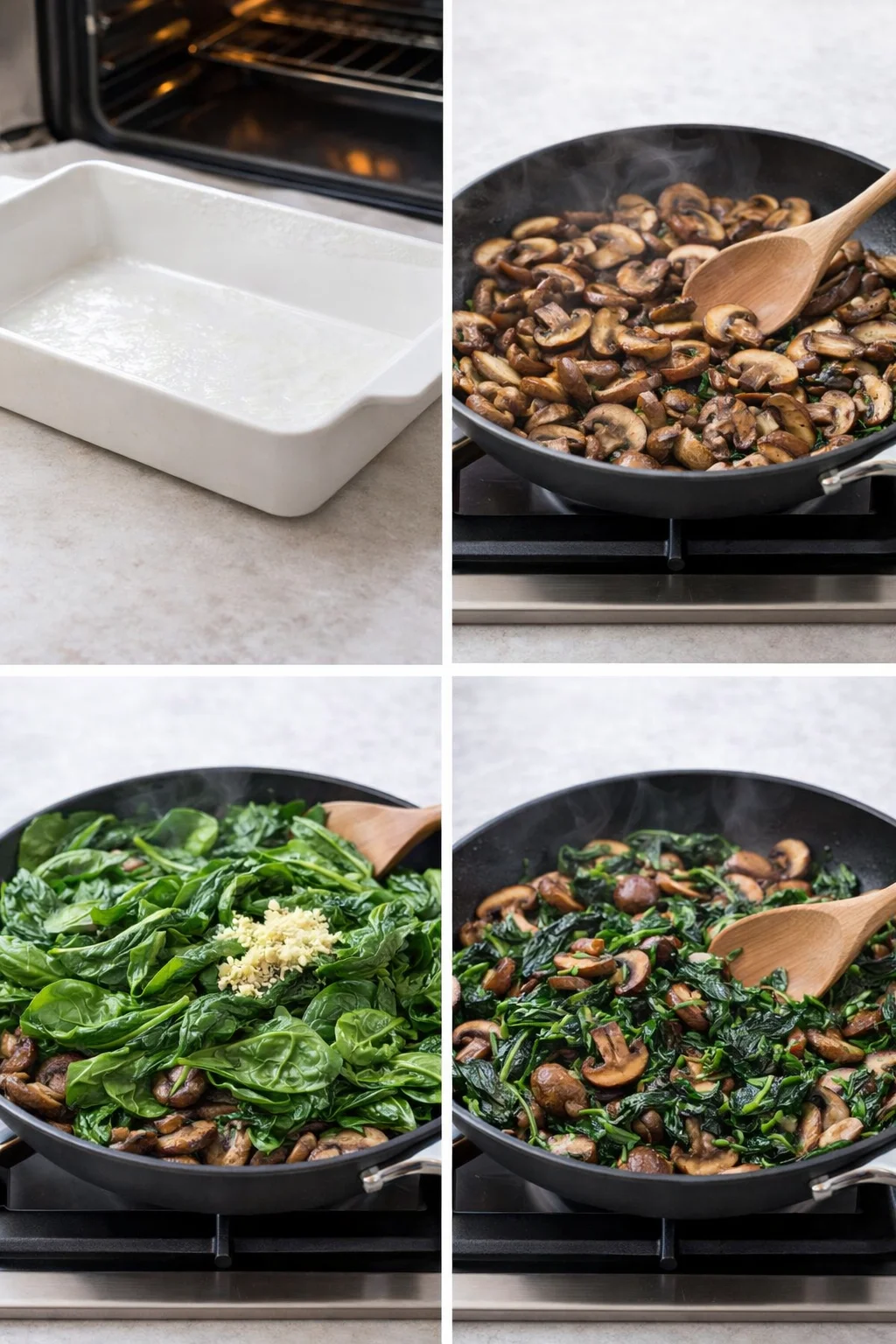 Sliced cremini mushrooms sautéing and beginning to brown with wilted spinach and minced garlic