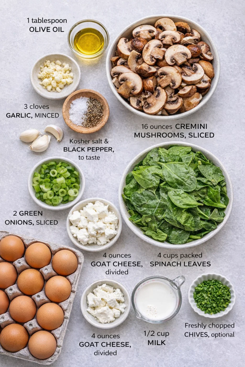 Measured ingredients arranged for Spinach Mushroom Breakfast Casserole: 1 tablespoon olive oil, 16 ounces cremini mushrooms, sliced, 4 cups packed spinach leaves, 3 cloves garlic, minced, Kosher salt and black pepper, to